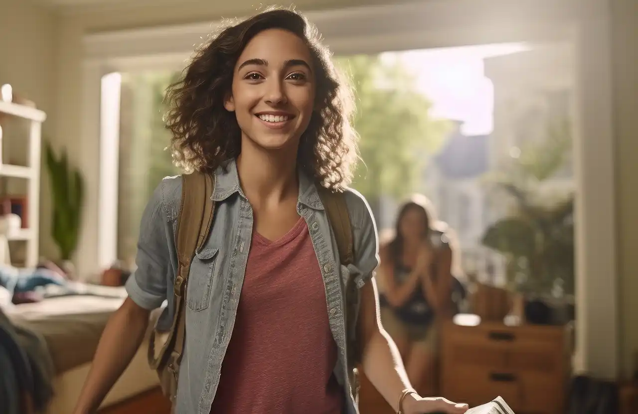First-time homebuyer smiling while holding paperwork at the doorway of a new home